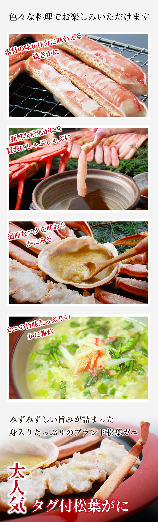 松葉ガニの料理例 焼きカニ かにみそ カニ雑炊